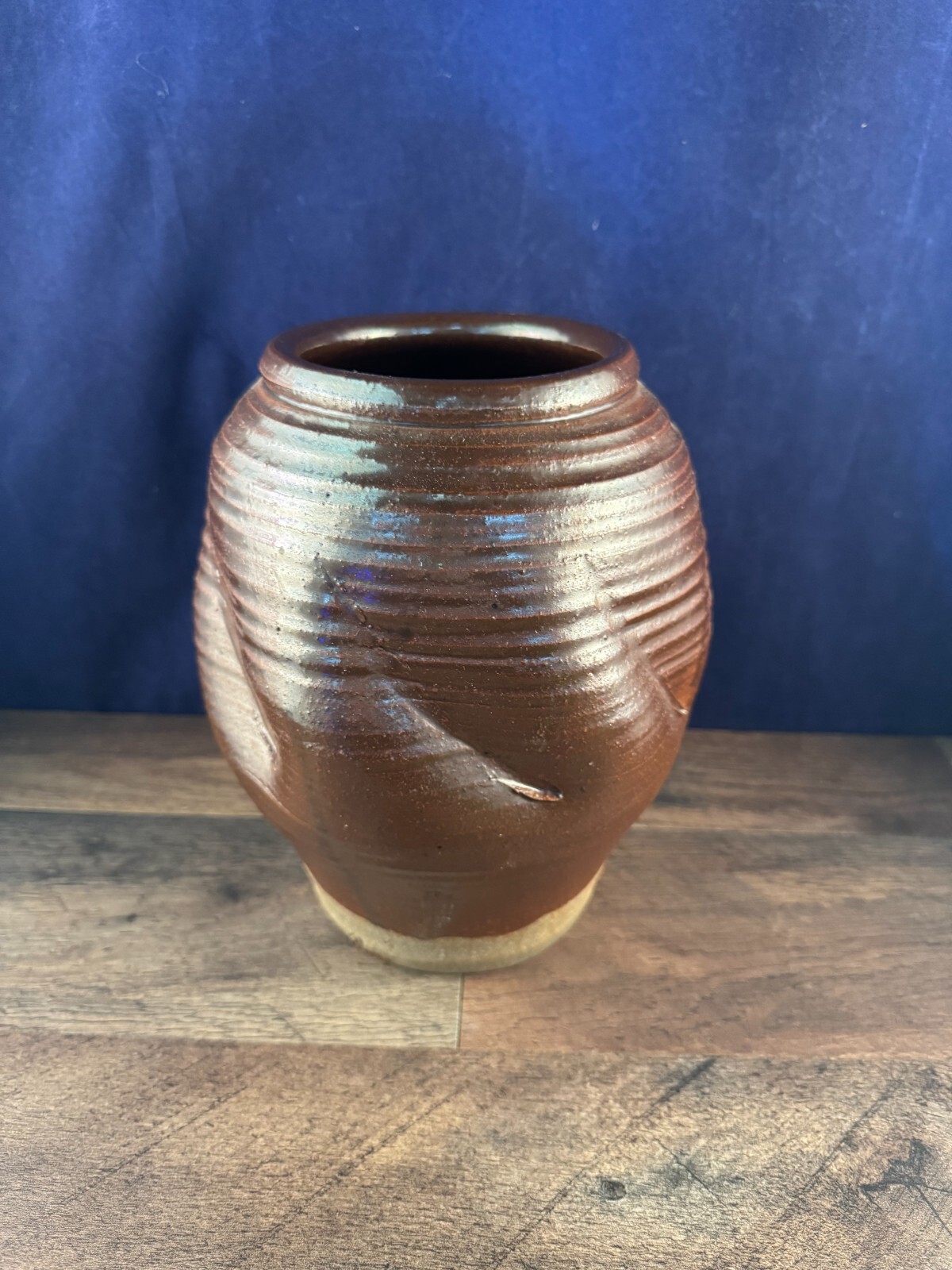 Karen Karnes Large Signed Glazed Vase Thrown Pottery Pinched Creased Swirl