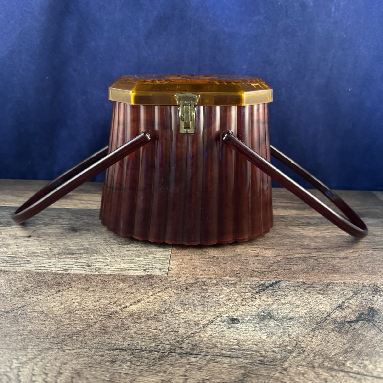 Ranhill Corp. Etched and Sculpted Amber Swirl Acetate Box Purse, 1950s Vintage